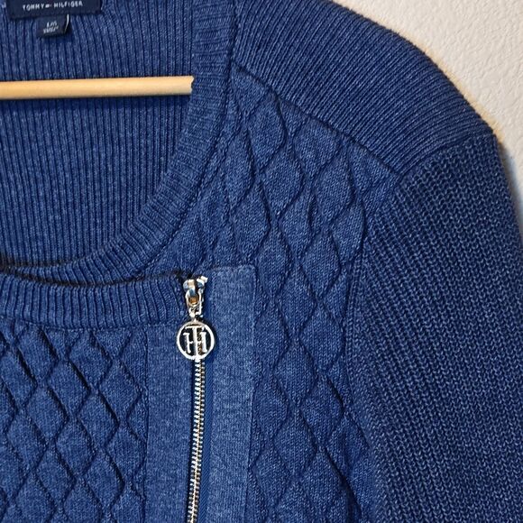 Tommy Hilfiger Sweater Jacket Womens Large Blue Quilted Moto Asym Zip Pockets - Picture 6 of 15